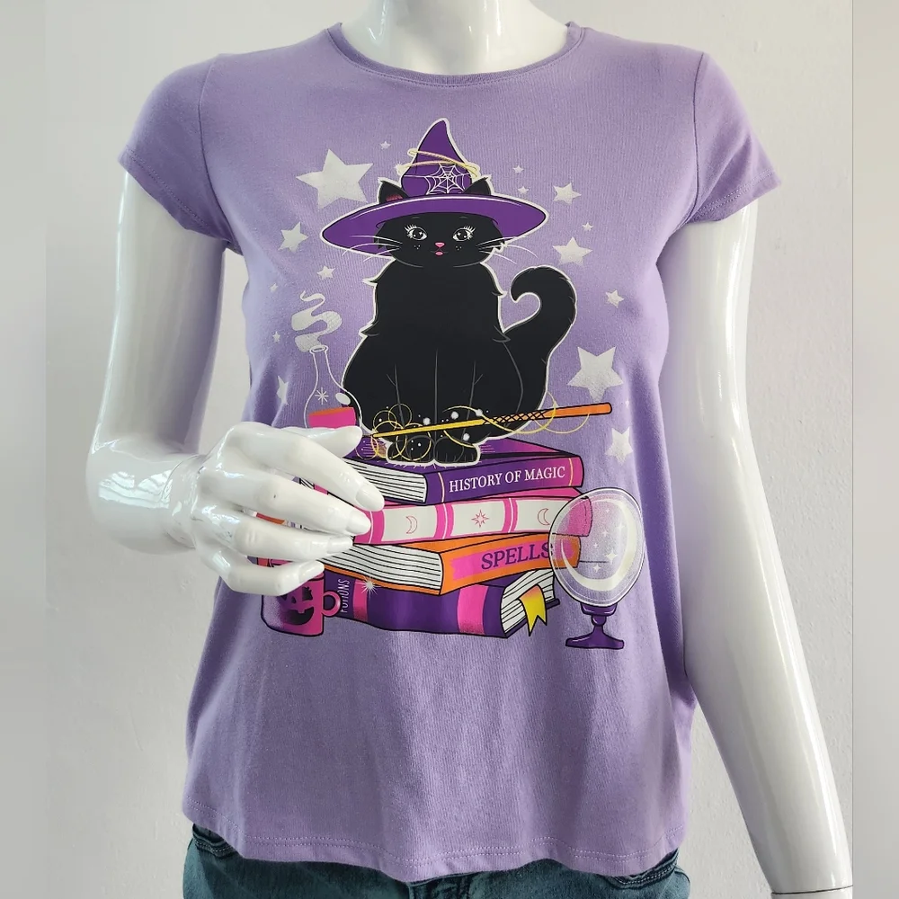 Girls Glow In The Dark Black Cat Witch Graphic Tee Size XL - Picture 4 of 11